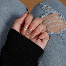 KQueenest 30 Pcs Glitter Gold French Tip Press On Nails Almond Long, Sparkly Glitter Fake Nails With Glue, Cute Bling Glue on Nails Press on with Cheetah Design, Reusable Stick on Nails for Women