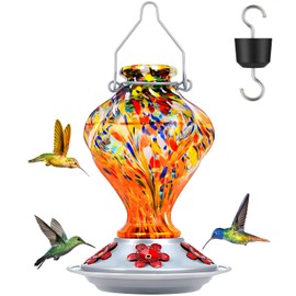 Hummingbird Feeders for Outdoors Hanging, BOLITE Glass Hummingbird Feeder, Hand Blown Twisted with Ant Moat and Five Feeding Ports, 24 Ounces, Leak Proof, Orange, Gifts for Women Men