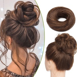 S-noilite [2Pcs] Human Hair Messy Scrunchy Hair Bun Extension Updo Donut Curly Wavy Hair Bun Scrunchie Hairpiece 100% Real Hair Elegant Chignon Bun Hair Piece for Women(Curly,Medium Brown)