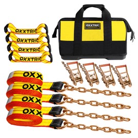 OXXTRIC 8 Point Roll Back Vehicle Tie Down Kit,Tow Truck Flatbed Straps with Chain Extension on Both Ends,WLL 3300 lbs,Heavy Duty Car Hauler Tire Over Wheel Tie Down Straps