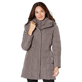 Cole Haan Women's Taffeta Down Coat with Bib Front and Dramatic Hood, carbon, Small