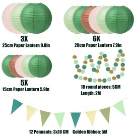 TEUYOE Party Decorations Paper Lanterns Set, Green Brown Hanging Paper Lantern for Green Boho Wedding, Lantern for Wedding, Christening,Communion, Birthday Party Decoration (14)