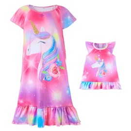 MHJY Girls' Nighties Kids Nightdress Doll and Gril Matching Nighty Short Sleeve Princess Night Dress Unicorn Nightgown Pajames for Toddler Fuchsia
