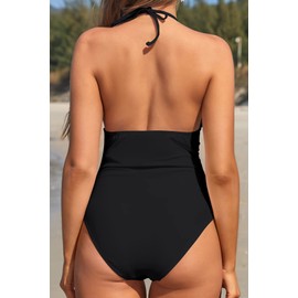 SHEKINI Women's Halter Ruched Tummy Control Cutout One Piece Swimsuit Backless Lace Up High Neck Bathing Suit(Black, X-Large)