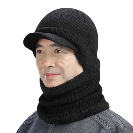 Peaked Beanie Hat and Scarf Set for Men Winter Warm Knitted Visor Beanie Hat and Circle Scarf Neck Warmer Ear Cuff Hat Balaclava Hat with Fleece Lined for Indoor Outdoor Activities Birthday Gift