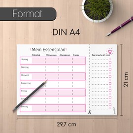 DV_199_pink “Mein Essensplan”, 50 x DIN A4 Sheets, Desk Organiser, Shopping Notepad, Weekly Meal Plan, Shopping List, To-Do List, Lunch, Dinner, Cooking, (German Version), pink