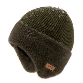 TOP-EX Winter Woolly Beanie Hat with Ear Flap for Men Fleece Lined Waterproof Warm Cold Weather Thermal Knit Hat Snow Outdoors Gifts Big Head Army Green Medium Large M L