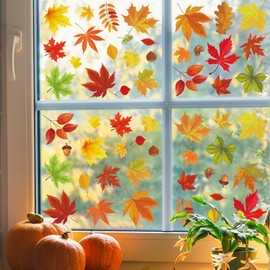6 Sheets Fall Leaves Window Clings for Glass Windows Double-Side Autumn Window Clings Maple Leaves Pinecone Designs Thanksgiving Clings for Glass Windows Stickers for Home Office School Glass Decor
