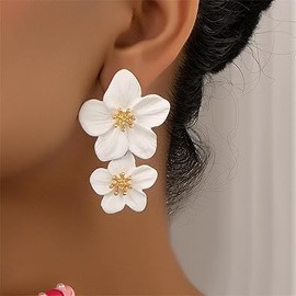 ONLYJUMP Bohemian Gold Metal Flower Earrings Vintage Exaggerated Oversized Daisy Earrings for Women Statement Jewelry (White)