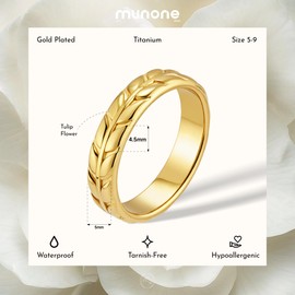 munone Tulip Flowers Wedding Promise Band Dome Ring for Women Men,14k Gold Plated Titanium and Stainless Steel Comfort Fit Band Ring
