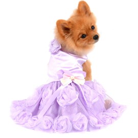 PAIDEFUL Pet Dress for Small Dog Girls Luxury Puppy Wedding Dress Rose Flower Lace Tutu Skirt Silky Bow Birthday Party Dog Clothes Purple S