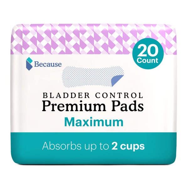 Because Premium Incontinence Pads for Women - Discreet, Individually Wrapped Liners - Maximum Absorbency, 20 Count (Pack of 1)
