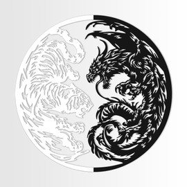Majestic Dragon and Fierce Tiger Metal Wall Sculpture Set - Epic Fantasy Decor, Black and White Yin and Yang Battle Home Decor Bedroom Wall Art (Set of 2)