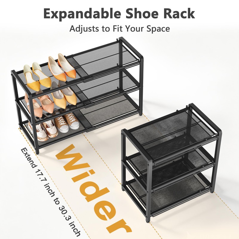 Gewudraw 3 Tier Expandable Shoe Rack, Adjustable Heavy Duty Metal
