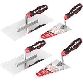 4 Pieces Concrete & Trowel Masonry Set - High Carbon Steel Plastering | Bricklaying Tools for Drywall Asphalt - Includes Flat & Notched Trowels & 7"/9" Brick Trowels with Soft Grip Handle