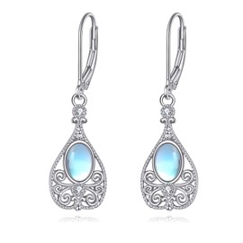 Moonstone/Peridot/Amethyst/Larimar Earrings for Women 925 Sterling Silver Vintage Filigree Drop Earrings Boho Jewellery Gifts for Girls, Sterling Silver, Moonstone