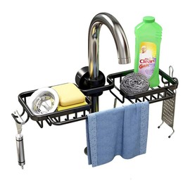 Chris.W Kitchen Sink Faucet Organizer,Faucet Sponge Holder with Hook,Adjustable Detachable Aluminum Faucet Sponge Rack for Bathroom, Scrubbers, Soap, Chrome (Black)