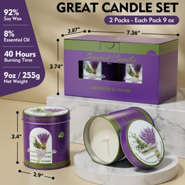 2 Pack Scented Candles (90 Total Burn Hours) - Soy Wax Candles 9 oz Each in Tin - Long Lasting Aromatherapy Candle Gift Set (Lavender Thyme)
