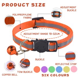 Pack of 6 Reflective Cat Collars with Bell, Adjustable 19-32 cm, Pet Accessories for All Domestic Cats