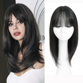 YAMI Hair Toppers for Women Real Human Hair 8x9inch Skin Scalp Hair Topper 100% Real Human Hair Toppers for Women with Bangs 15 Inch Hair Pieces for Women with Hair Loss or Thin Hair (Natural Black)