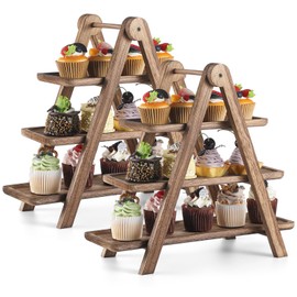 Reallnaive 2 Pack Wood 3 Tier Serving Tray Three Tiered Cupcake Stand Rustic Rectangle Serving Platter for Party Decorative Tray Wooden Farmhouse Decor