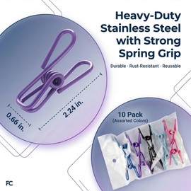 10 Pack Chip Clips, Bag Clips, Clothes Pins, Reusable Metal Heavy Duty PVC-Coated Wire Utility Holders for Kitchen Food Storage, Windproof Laundry Clothespins, Office, Rust Resistant, Assorted Colors