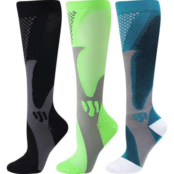 ZFiSt 3 pares de calcetines médicos de compresión deportivos para hombres y mujeres, calcetines de compresión para enfermería para viajes de edema, Black+dark Green+green, XX-Large
