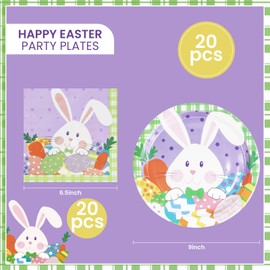 LDFDRT 40 pcs Happy Easter Paper Plates Disposable 9 inch 20 pcs Dessert Party Plates & 20 pcs Napkins Eggs Bunny Tableware for Easter Kids Adult Party Decorations (9INCH+napkins)