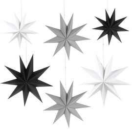 HBSTK 6 x Folding Star Christmas Paper Stars 9 Points Folding Stars Paper 3D Stars for Decoration of Window Christmas Tree Advent 2 x Diameter 25 cm, 2 x Diameter 30 cm, 2 x Φ45 cm (Black, White,