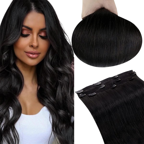 RUNATURE Clip Real Hair Extensions Made of Black Remy Clip-in Short Hair Extensions, Straight Hair Clip-in Human Hair Extensions Cheap 25 cm, 50 g, #1B