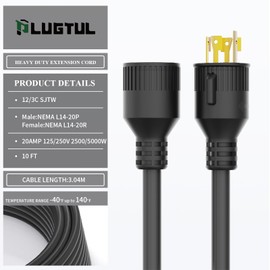 PLUGTUL 4 Prong 20 Amp Extension Cord 25FT, NEMA L14-20 Generator Extension Cord, 12 Gauge SJTW, 125/250Volts, 20Amp, 2500/5000W, ETL Listed, Black