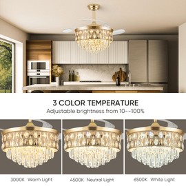 Deliyfans 42" Fandelier Ceiling Fan with Light, Chandelier Fan, Retractable Crystal Ceiling Fan Dimmable LED, 3 Color Temperatures, 6 Speeds, for Bedroom & Living Room