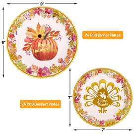 ceiba tree Fall Thanksgiving Disposable Paper Plates Party Supplies for 24 Guests Pumpkins Turkey Design Gold Foil 9 inch Dinner Plates 7 inch Dessert Plates