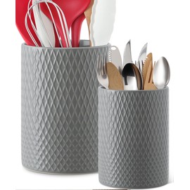 Kitchen Utensil Holder 7.5"+6", Large & Stable Ceramic Utensils Holder for Countertop, Cooking Spatula Crocks Organizer , Embossed Black Checkered Modern Decor, Dishwasher Safe, Set of 2