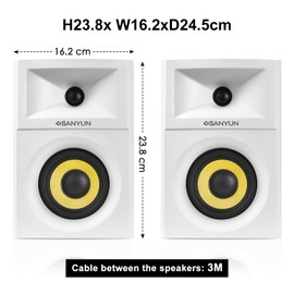 Sanyun SW205 80W 4” Powered Bookshelf Speakers with Wooden Cabinet - Innovative Exterior Designs and Advanced DSP Chips - Optical 3.5mm Aux and Bluetooth 5.4 Inputs – Wireless Remote (Pair, White)