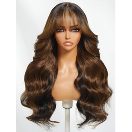 UNICE Black Brown Body Wave 13x4 Lace Front Wig Human Hair with Curtain Bangs Pre Everything Glueless Frontal Wigs Pre Plucked Pre Cut Bleached Knots Ready to Wear Human Hair Wigs for Women 18 inch