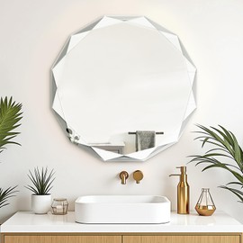 Bathroom Mirror for Wall, 20" x 20" Oval Bathroom Vanity Mirror, Beveled Edge Frameless Wall Mount Vanity Mirror, Wall Decorative Irregular Beveled Edge