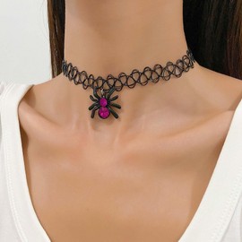 Atentuyi Punk Rock Gothic Black Tattoo Choker Stretch Necklace Goth Cz Spider Pendant Necklace Pink Crystal Necklace Vintage Short Collar Necklace Jewelry for Women and Girls