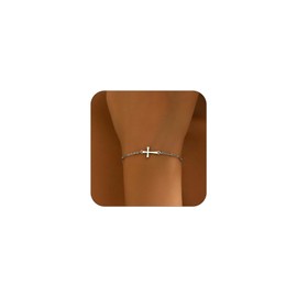 Nawflue Cross Bracelet for Women White Gold Dainty Tiny Cross Beaded Link Chain Minimalist Bracelets Adjustable Stainless Steel Trendy Jewelry