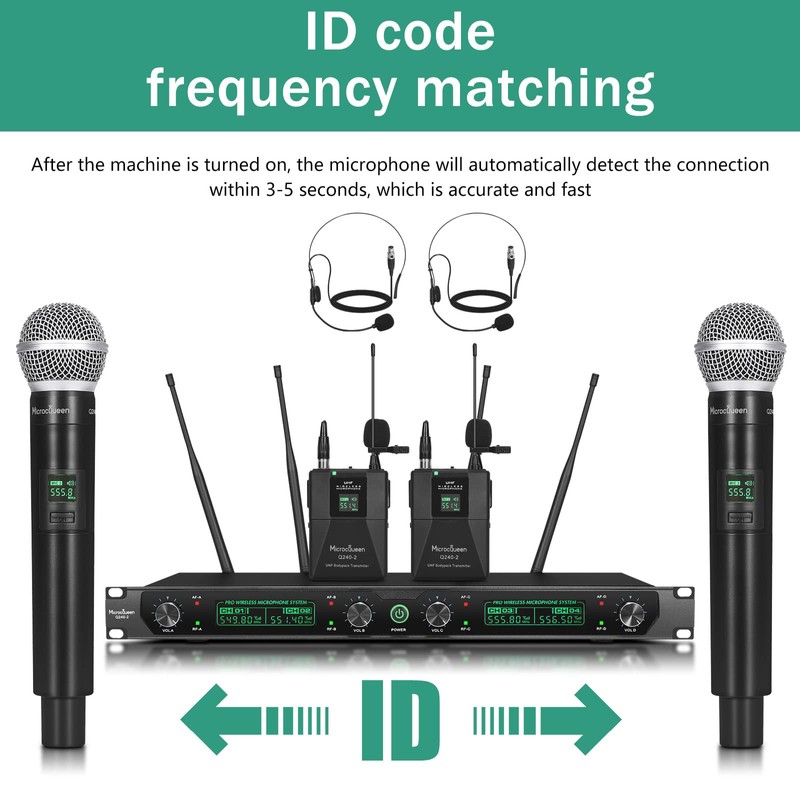 MicrocQueen Wireless Microphone System, 4-Channel UHF Professional Mic, Auto Pairing