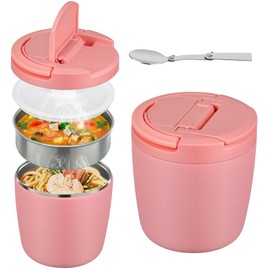 Thermal Food Container, 1400 ml, Stainless Steel Thermal Bowl with Lid, Thermal Lunch Box with Buckle Lid and Spoon, Warming Container, Food Leak-Proof for Soups, Porridge, Baby Porridge, Pink