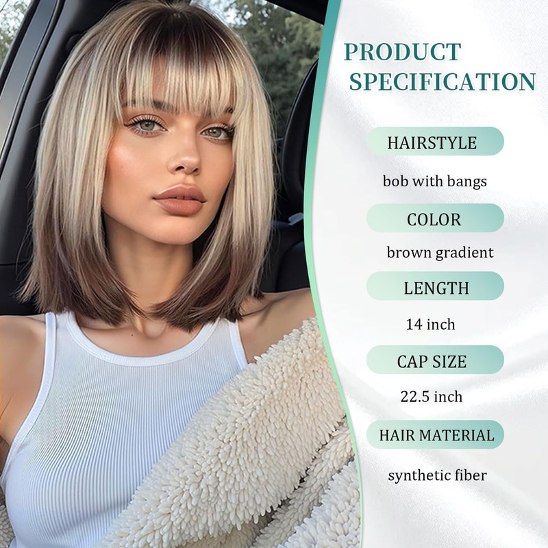brown gradient Bob Wig With Bangs 14 Inch Short Straight