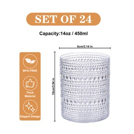 YOUBET 24PCS Plastic Hobnail Drinking Glasses - 14 Oz Clear Vintage Glasses Drinkware - Disposable Beaded Cups for Juice, Wine, Party