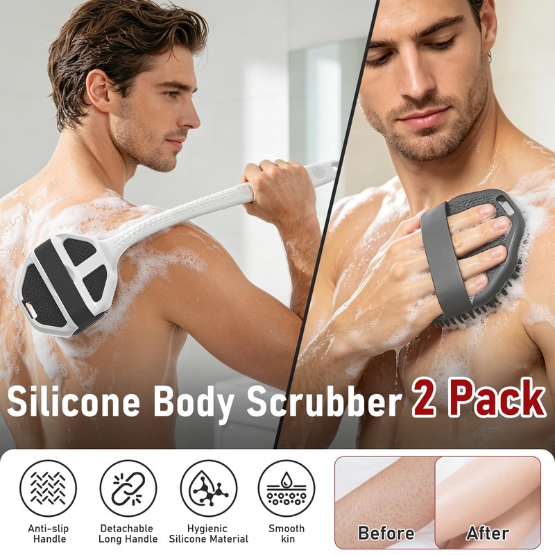 Silicone Body Scrubbers with Detachable Handle, Back Scrubber 2 Pack
