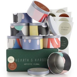 Hearth & Harbor Tin Candle Jars for Making Candles - DIY Candle Containers with Lids - Metal Candle Jars - Bulk Tins Storage for Candle - (24 Pieces) - (8 Ounces) - Artistic Floral