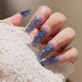 MERVF Coffin Press on Nails Long Fake Nails Blue Ombre French Tip Ballerina Glue on Nails with Rhinestones Designs 24pcs Glossy Acrylic Nails Artificial False Nails for Women