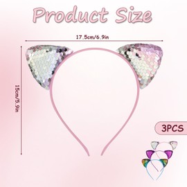 Ajcotahm 3 Pack Cat Ears Headband Sequin Glitter Sparkly Hairbands Cute Kitty Hair Accessories for Women Girls Daily Wear & Party (Pink Purple Blue)