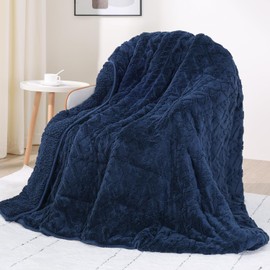 Weighted Blanket 15lbs Sherpa Weighted Blanket with Classic Jacquard Pattern, Heavy Soft Full Size Weighted Blankets for Adults to Sleep Natural, Sofa Couch Bed Blanket, Navy Blue, 48 * 72 15lbs