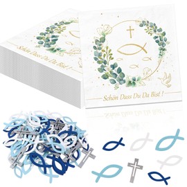Pack of 20 Communion Napkins, 33 x 33 cm Napkins, Eucalyptus Green, 3-Ply Schön Dass Du Da Bist Christening Decoration, Pack of 60 Wooden Fish Decoration, Communion Christening Confirmation Table