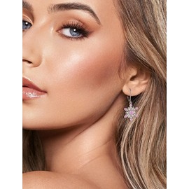 Vesitim Snowflake Earrings for Women 925 Sterling Silver Winter Dangle Drop Earrings Created Pink Tourmaline Leverback Jewelry for Christmas